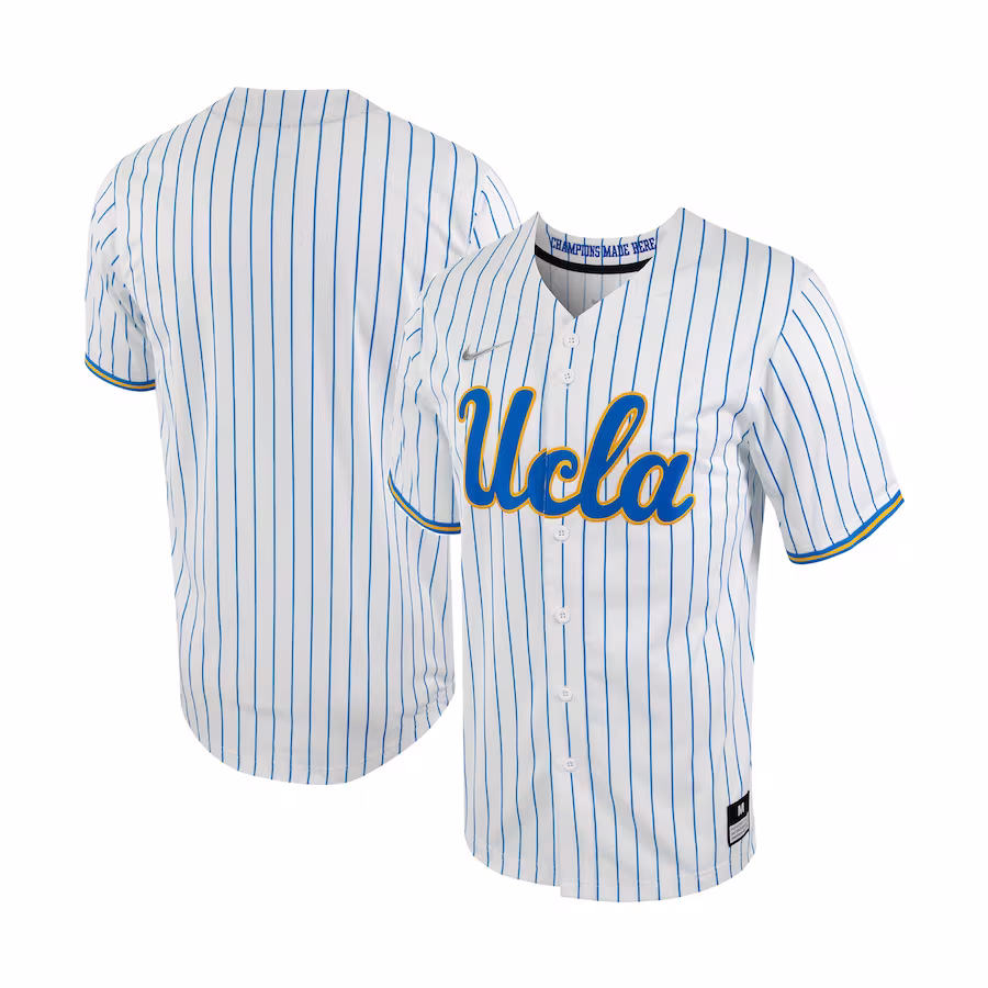 UCLA Bruins Nike Pinstripe Replica Full-Button Baseball Jersey - White/Blue - Vujersey Los Angeles Rams