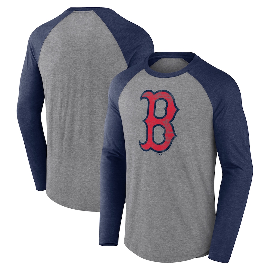 Men's Boston Red Sox Fanatics Heather Gray/Heather Navy Weathered Logo Tri-Blend Raglan Long Sleeve T-Shirt - Vujersey Los Angeles Rams