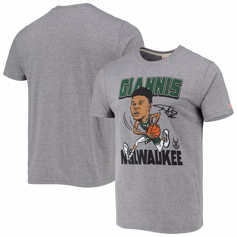 Men's Milwaukee Bucks Giannis Antetokounmpo Homage Heathered Gray Caricature Tri-Blend T-Shirt - Vujersey Los Angeles Rams
