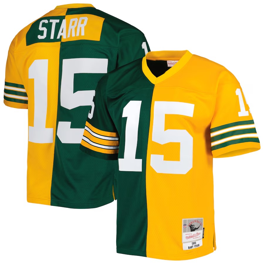 Men's Green Bay Packers Bart Starr Mitchell & Ness Green/Gold 1969 Split Legacy Replica Jersey - Vujersey Los Angeles Rams