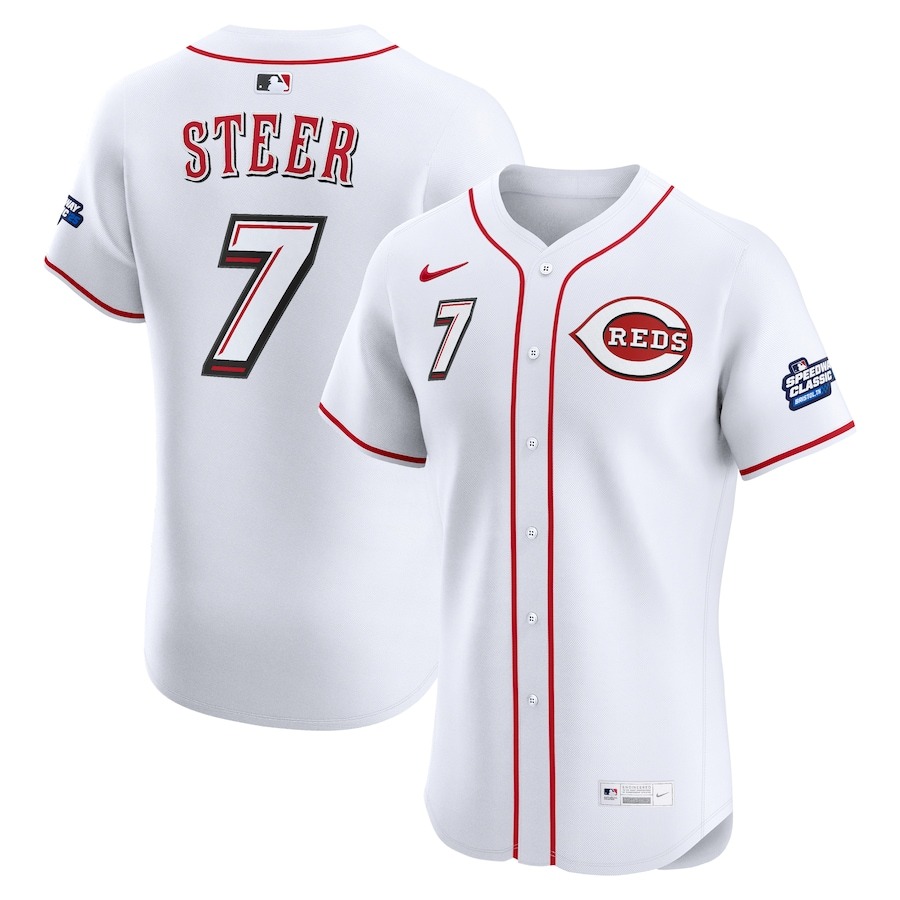 Men's Cincinnati Reds Spencer Steer Nike White 2025 MLB Speedway Classic Home Elite Player Jersey - Vujersey Los Angeles Rams