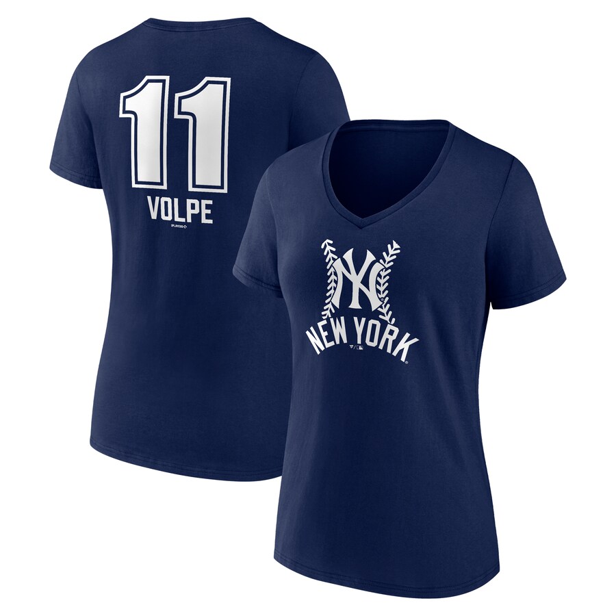 Women's New York Yankees Anthony Volpe Navy Fastball Player Name & Number V-Neck T-Shirt - Vujersey Los Angeles Rams