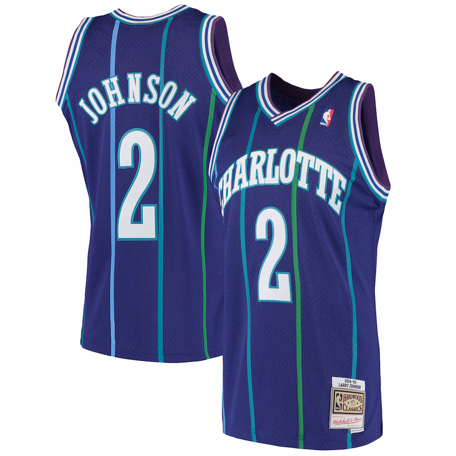 Men's Charlotte Hornets Larry Johnson Mitchell & Ness Purple 1994/95 Hardwood Classics Swingman Jersey - Vujersey Los Angeles Rams