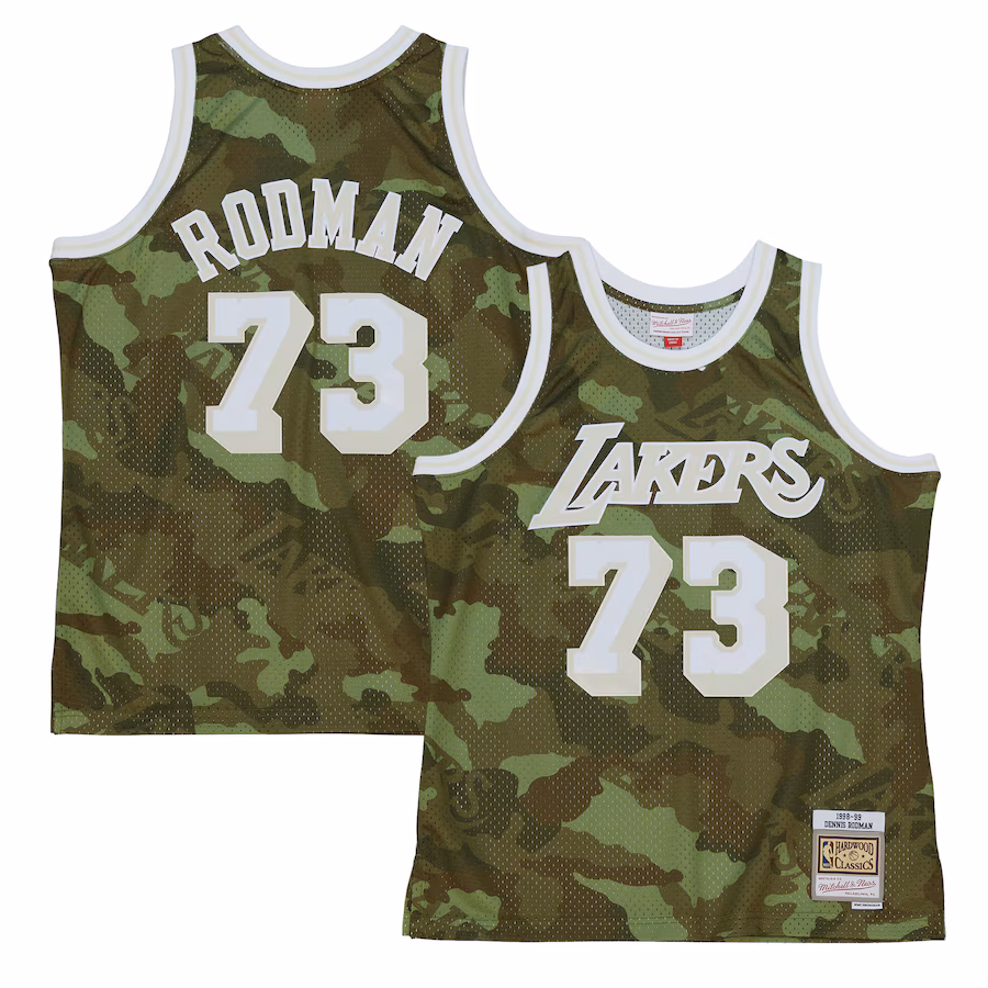 Men's Los Angeles Lakers Dennis Rodman Mitchell & Ness Camo Hardwood Classics 1998/99 Ghost Green Swingman Jersey - Vujersey Los Angeles Rams