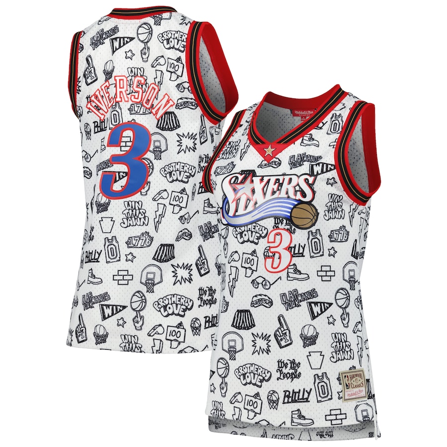 Women's Philadelphia 76ers Allen Iverson Mitchell & Ness White 2000 Doodle Swingman Jersey - Vujersey Los Angeles Rams