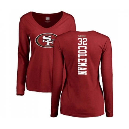 Football Women's San Francisco 49ers #32 Tevin Coleman Red Backer Long Sleeve T-Shirt - Vujersey Los Angeles Rams