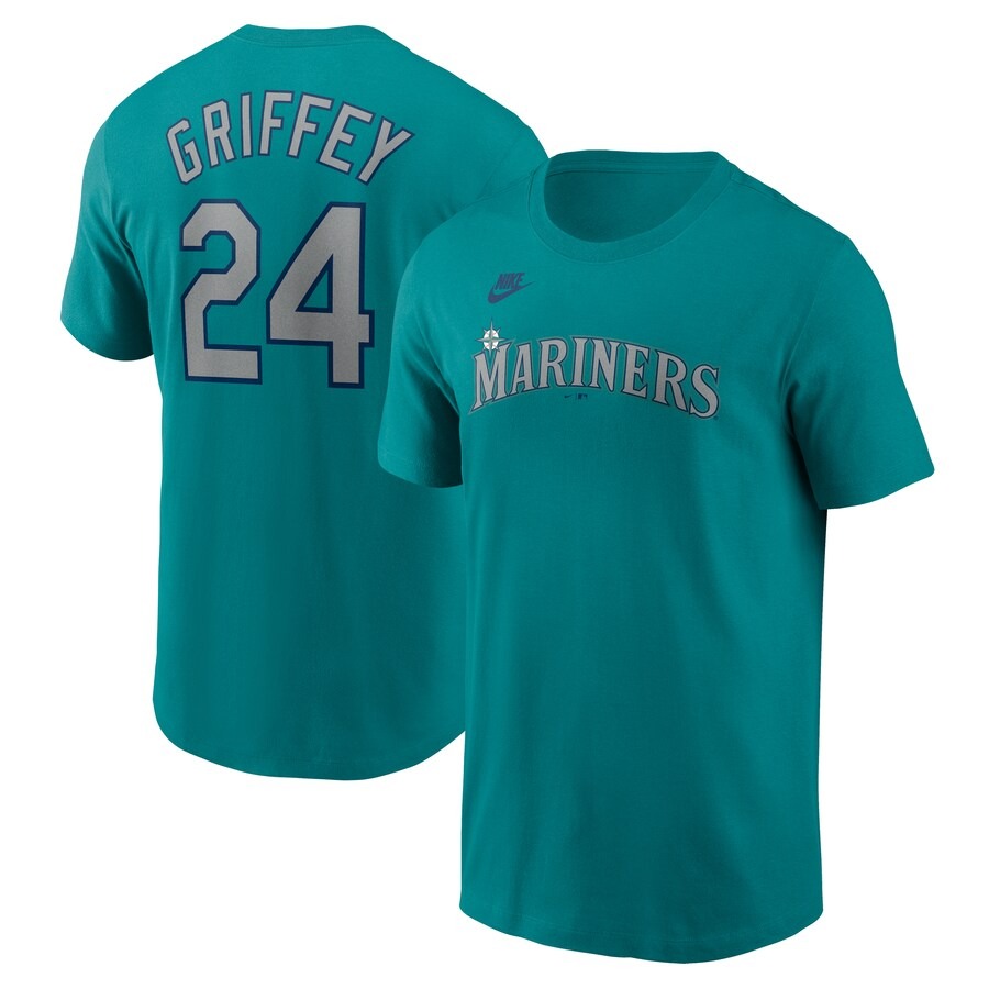 Men's Seattle Mariners Ken Griffey Jr. Nike Aqua Fuse Name & Number T-Shirt - Vujersey Los Angeles Rams