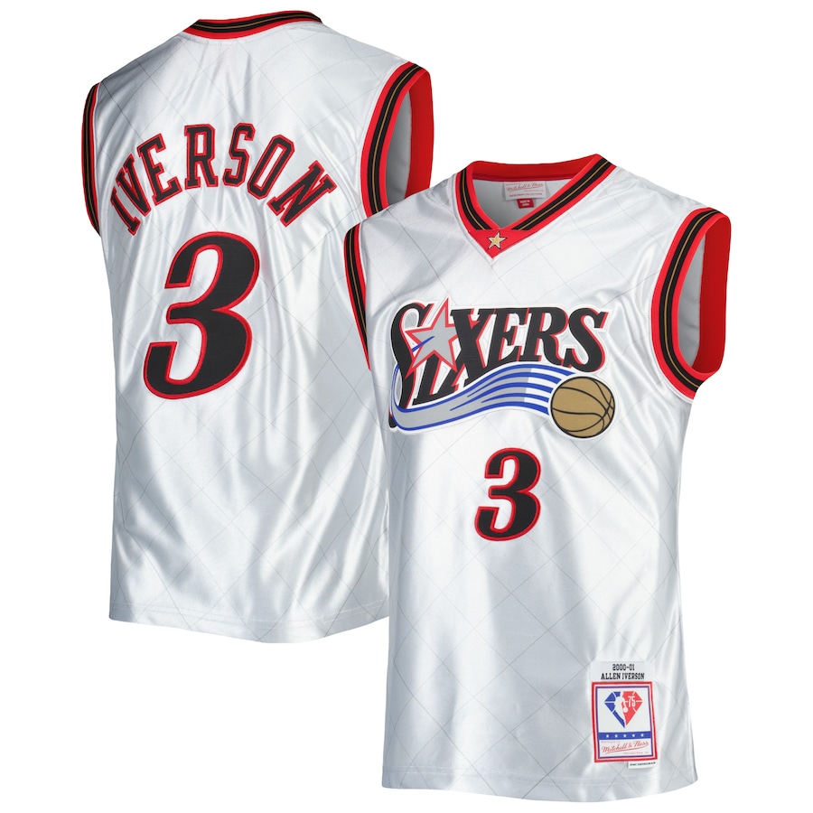 Men's Philadelphia 76ers Allen Iverson Mitchell & Ness Platinum 2000/01 Hardwood Classics 75th Anniversary Swingman Jersey - Vujersey Los Angeles Rams