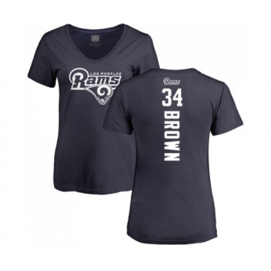 Football Women's Los Angeles Rams #34 Malcolm Brown Navy Blue Backer T-Shirt - Vujersey Los Angeles Rams