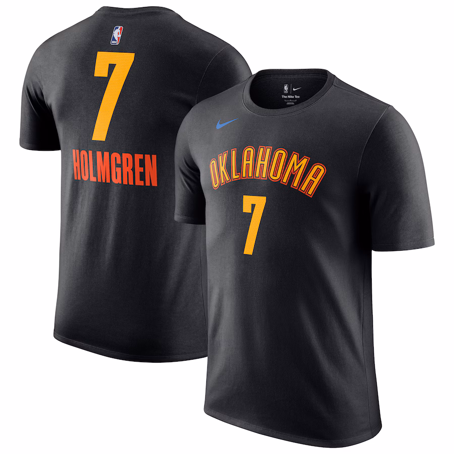 Men's Oklahoma City Thunder Chet Holmgren Nike Black 2024/25 City Edition Name & Number T-Shirt - Vujersey Los Angeles Rams