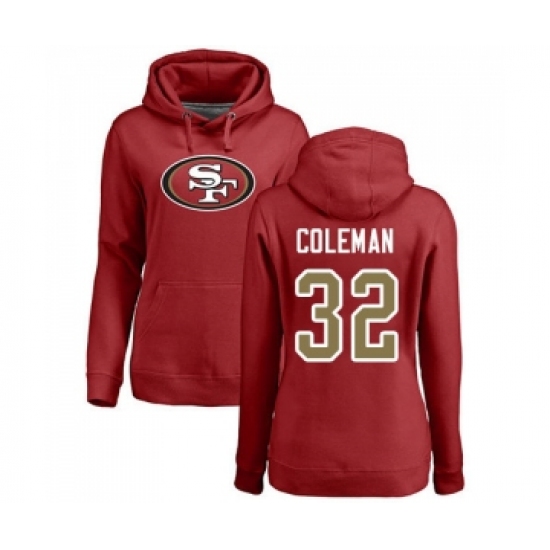 Football Women's San Francisco 49ers #32 Tevin Coleman Red Name & Number Logo Pullover Hoodie - Vujersey Los Angeles Rams