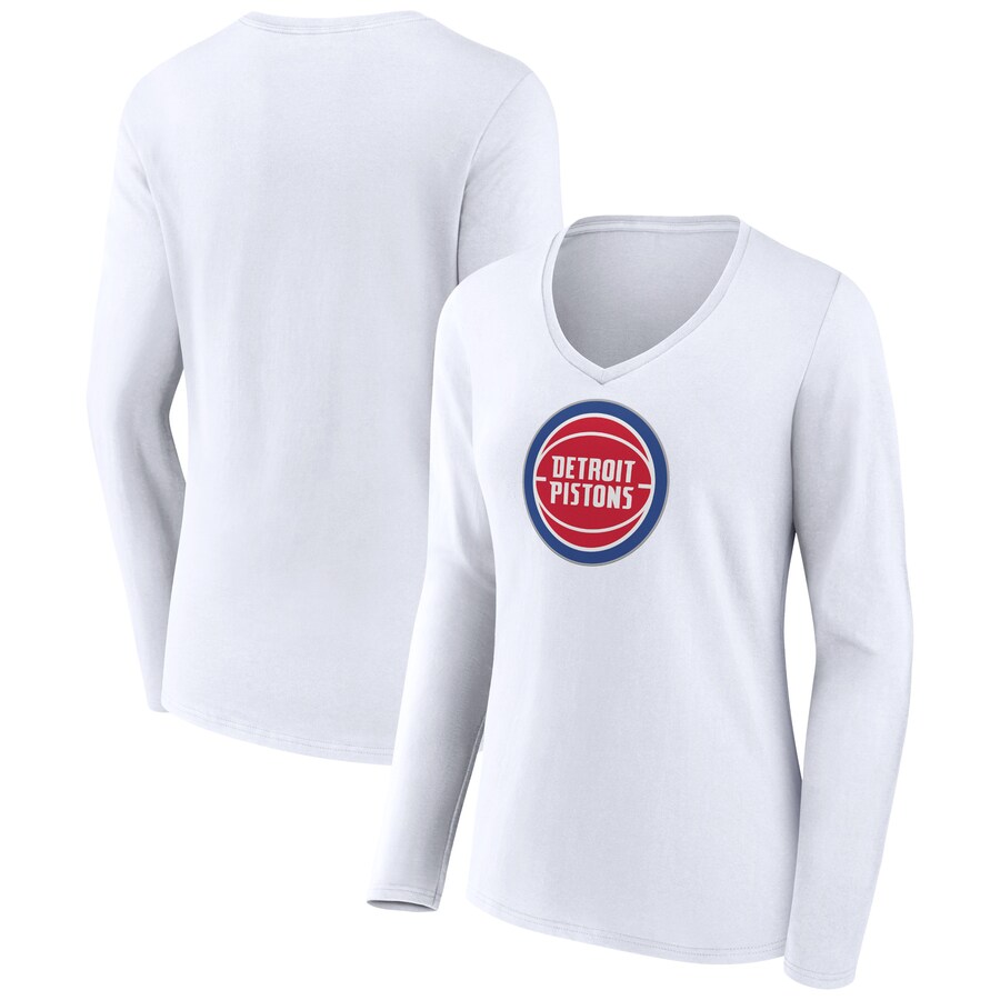 Women's Detroit Pistons White Logo Long Sleeve V-Neck T-Shirt - Vujersey Los Angeles Rams