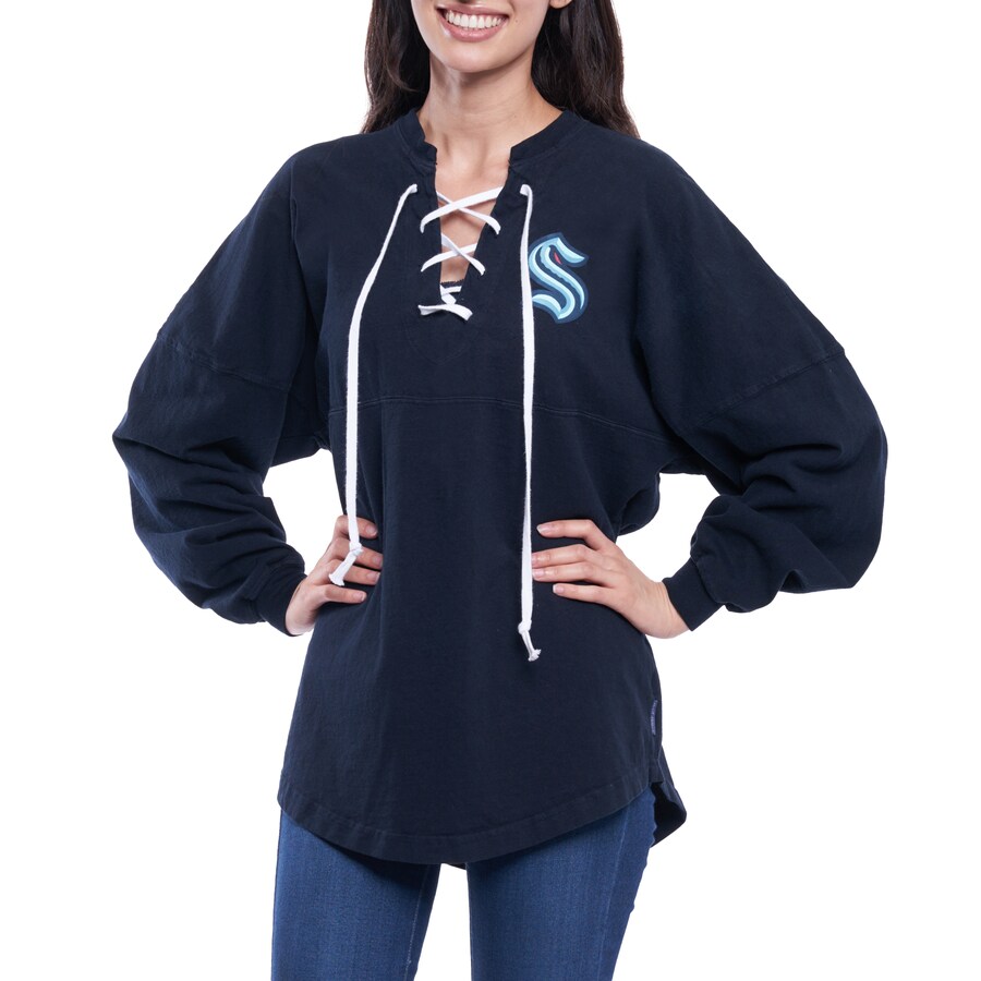 Women's Seattle Kraken Fanatics Navy Lace Up Long Sleeve Spirit Top - Vujersey Los Angeles Rams
