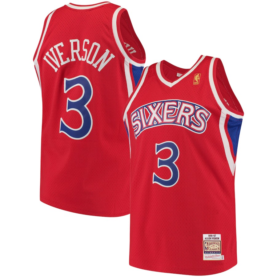 Men's Philadelphia 76ers Allen Iverson Mitchell & Ness Red 1996/97 Hardwood Classics Authentic Jersey - Vujersey Los Angeles Rams