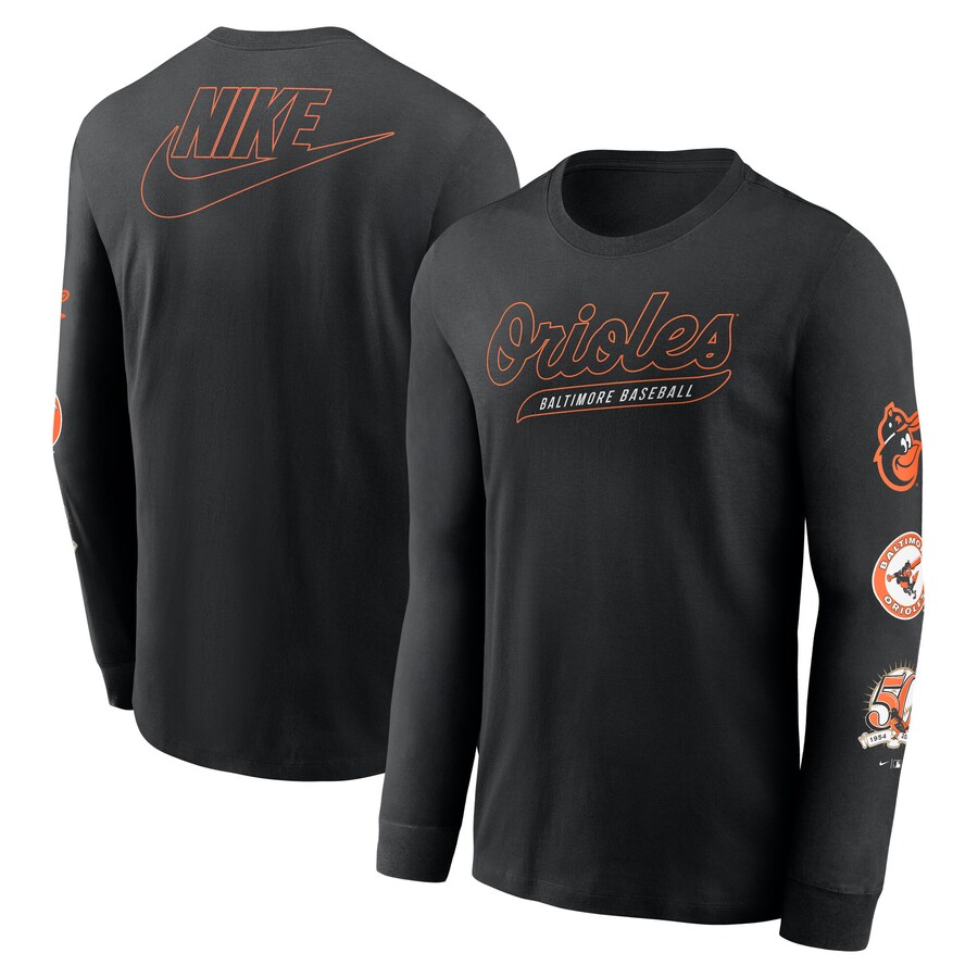 Men's Baltimore Orioles Nike Black Cooperstown Collection Knockout Long Sleeve T-Shirt - Vujersey Los Angeles Rams