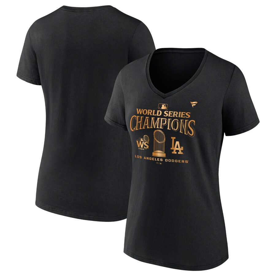 Women's Los Angeles Dodgers Fanatics Black 2024 World Series Champions Parade V-Neck T-Shirt - Vujersey Los Angeles Rams