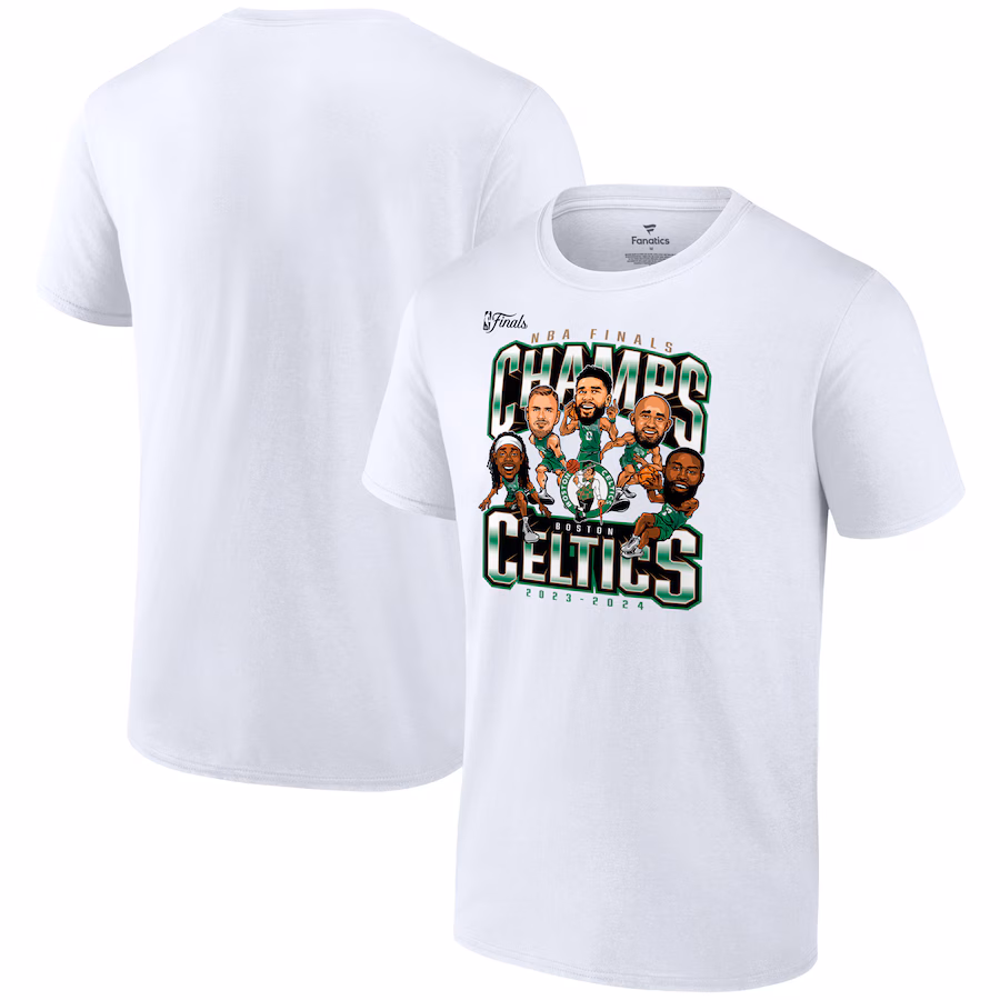 Men's Boston Celtics Fanatics White 2024 NBA Finals Champions Pull Up Jumper Caricature T-Shirt - Vujersey Los Angeles Rams