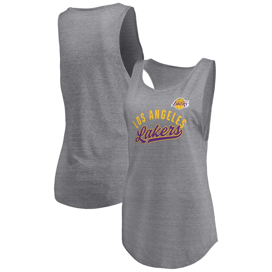 Women's Los Angeles Lakers Fanatics Heathered Gray Quality Time Open Scoop Neck Tri-Blend Tank Top - Vujersey Los Angeles Rams