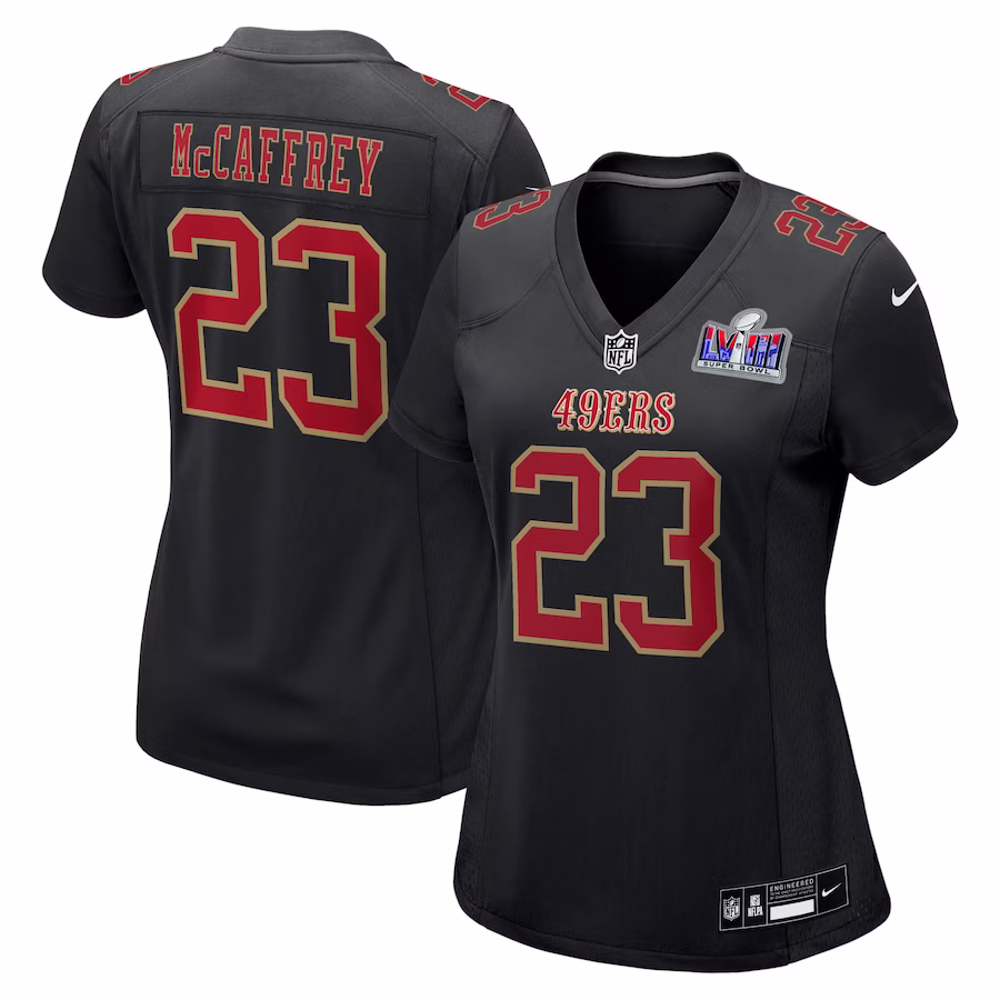 Women's San Francisco 49ers Christian McCaffrey Nike Black Super Bowl LVIII Carbon Fashion Game Player Jersey - Vujersey Los Angeles Rams