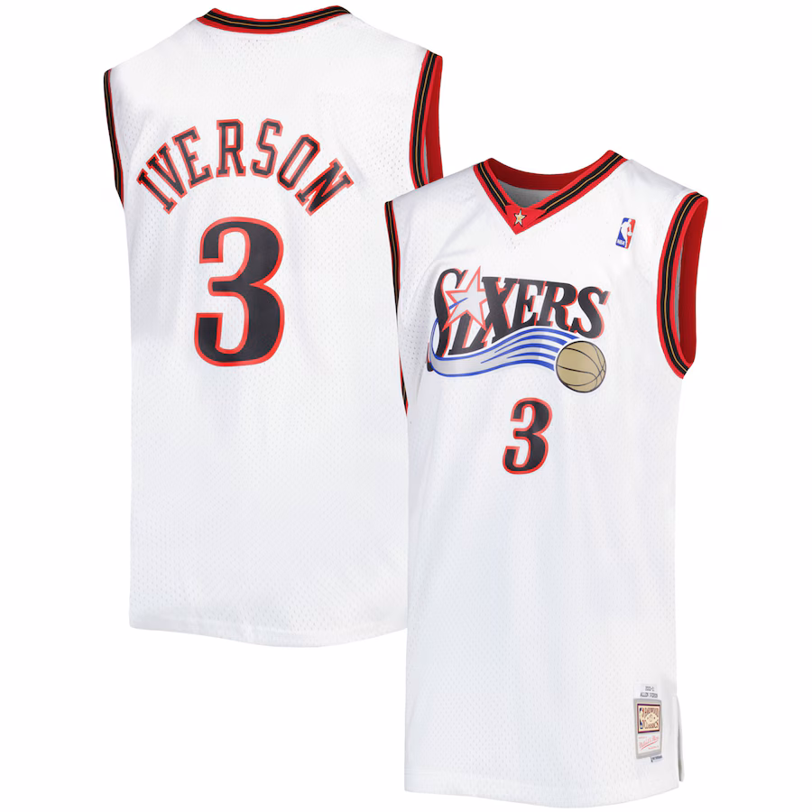 Men's Philadelphia 76ers Allen Iverson Mitchell & Ness White Big & Tall Hardwood Classics 1996/97 Swingman Jersey - Vujersey Los Angeles Rams