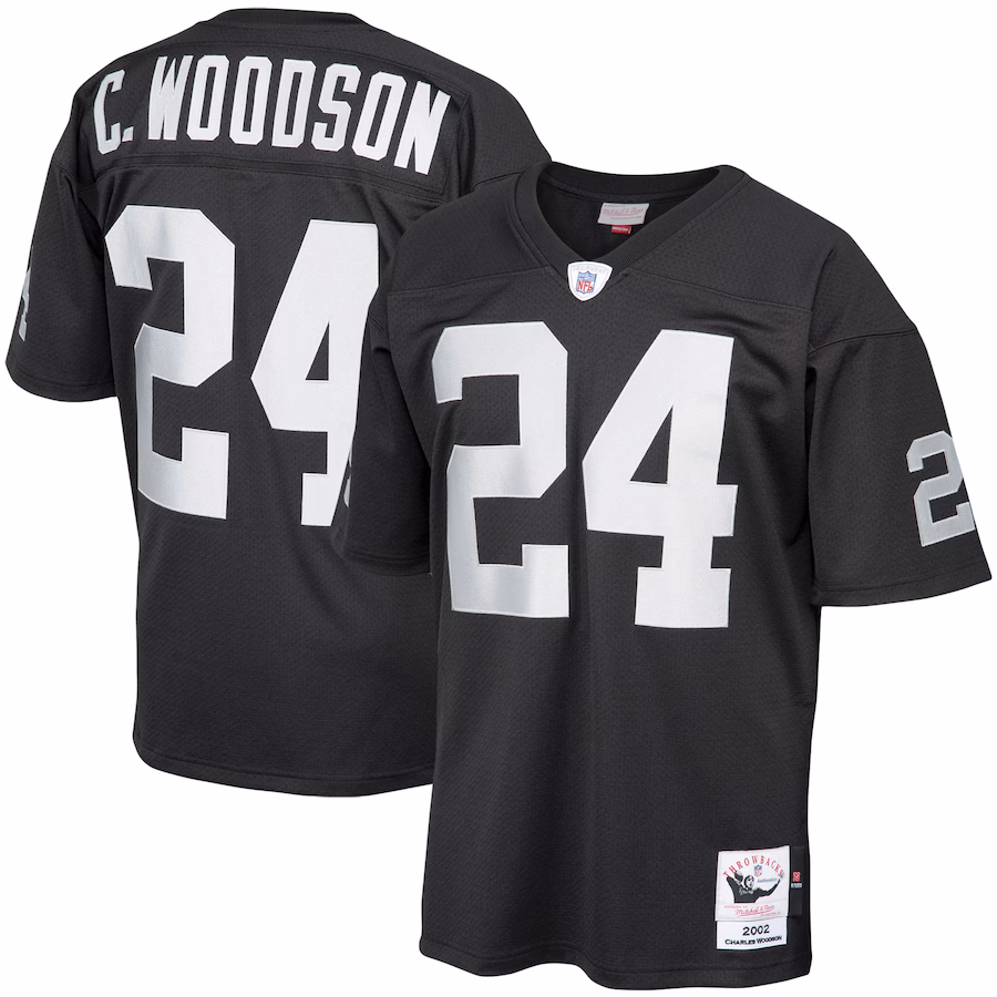 Men's Las Vegas Raiders 2002 Charles Woodson Mitchell & Ness Black Authentic Throwback Retired Player Jersey - Vujersey Los Angeles Rams