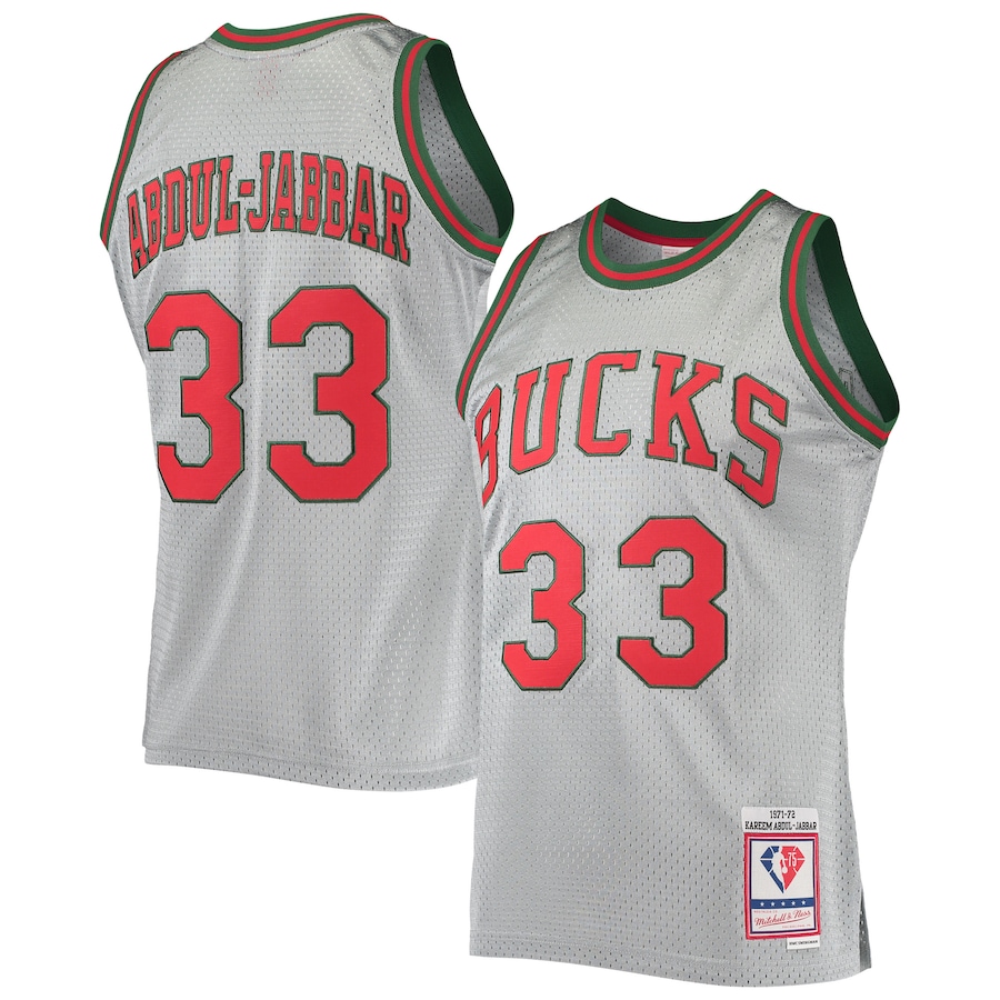 Men's Milwaukee Bucks Kareem Abdul-Jabbar Silver Mitchell & Ness 75th Anniversary 1971/72 Hardwood Classics Swingman Jersey - Vujersey Los Angeles Rams