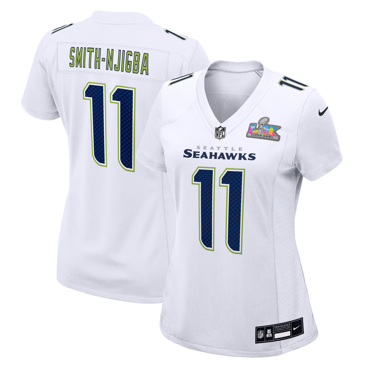 Women's Seattle Seahawks Jaxon Smith-Njigba Nike White Super Bowl LX Patch Tundra Fashion Game Jersey - Vujersey Los Angeles Rams