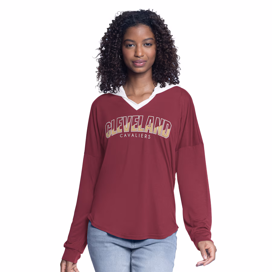 Women's Cleveland Cavaliers G-III 4Her by Carl Banks Wine Bench Player Oversized Long Sleeve Hooded Top