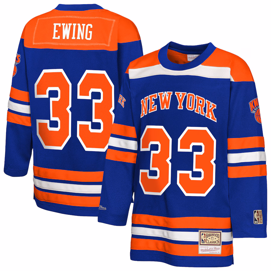 Youth New York Knicks Patrick Ewing Mitchell & Ness Blue Maxxed Out 2.0 Fashion Hockey Jersey