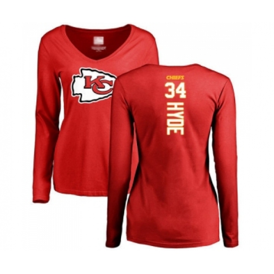 Football Women's Kansas City Chiefs #34 Carlos Hyde Red Backer Slim Fit Long Sleeve T-Shirt