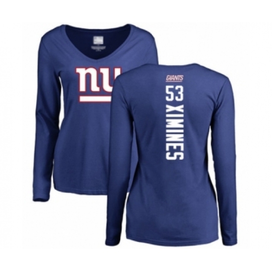 Football Women's New York Giants #53 Oshane Ximines Royal Blue Backer Long Sleeve T-Shirt