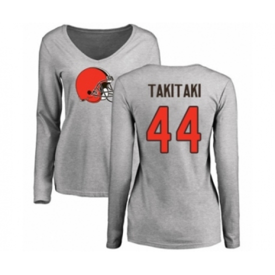 Football Women's Cleveland Browns #44 Sione Takitaki Ash Name & Number Logo Long Sleeve T-Shirt
