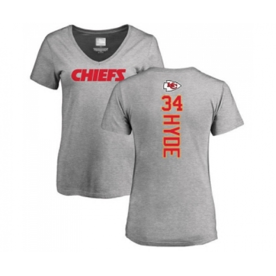 Football Women's Kansas City Chiefs #34 Carlos Hyde Ash Backer V-Neck T-Shirt