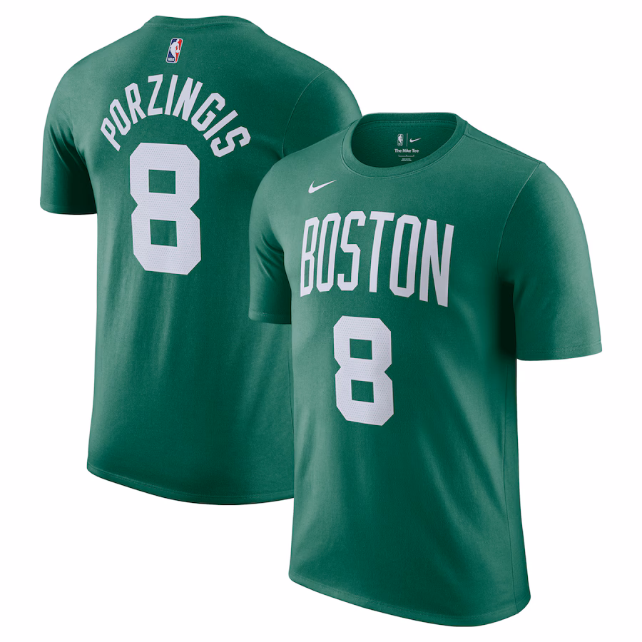 Men's Boston Celtics Kristaps Porzingis Nike Kelly Green Icon Edition Name & Number T-Shirt