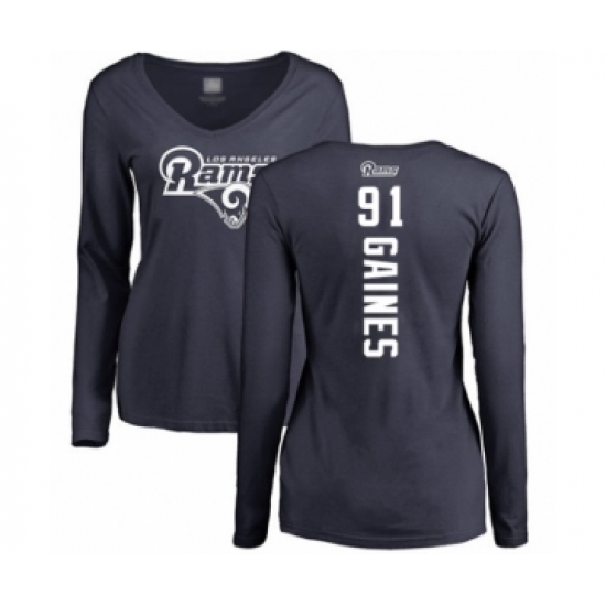 Football Women's Los Angeles Rams #91 Greg Gaines Navy Blue Backer Slim Fit Long Sleeve T-Shirt