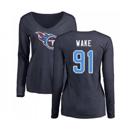 Football Women's Tennessee Titans #91 Cameron Wake Navy Blue Name & Number Logo Long Sleeve T-Shirt