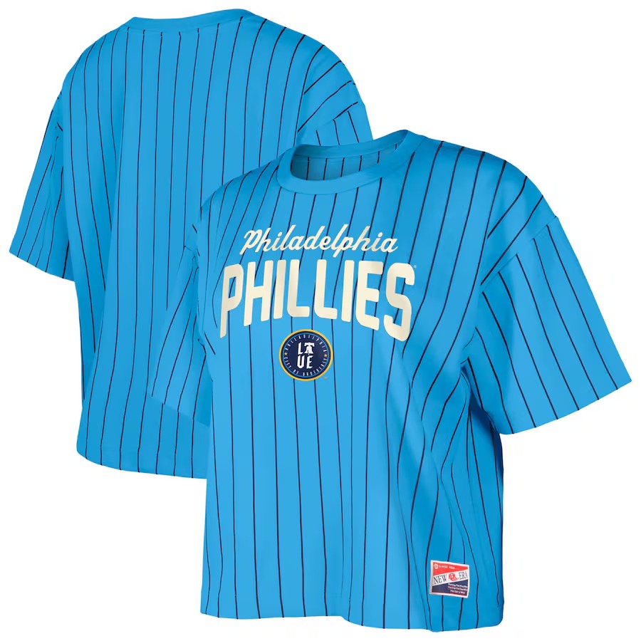 Women's Philadelphia Phillies New Era Light Blue City Connect Multiplier Pinstripe Cropped T-Shirt
