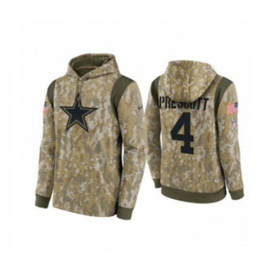 Men's Dallas Cowboys #4 Dak Prescott Camo 2021 Salute To Service Therma Performance Pullover Football Hoodie