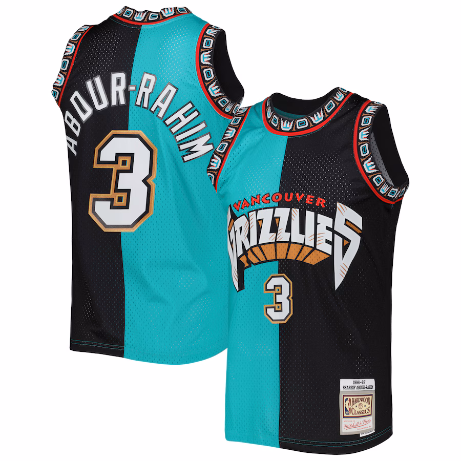 Men's Vancouver Grizzlies Shareef Abdur-Rahim Mitchell & Ness Turquoise/Black Hardwood Classics 1996/97 Split Swingman Jersey