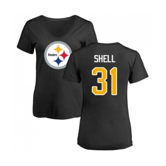 Football Women's Pittsburgh Steelers #31 Donnie Shell Black Name & Number Logo Slim Fit T-Shirt