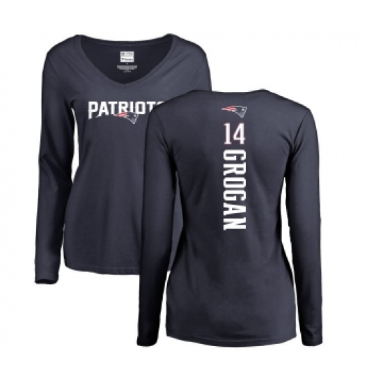 Football Women's New England Patriots #14 Steve Grogan Navy Blue Backer Slim Fit Long Sleeve T-Shirt