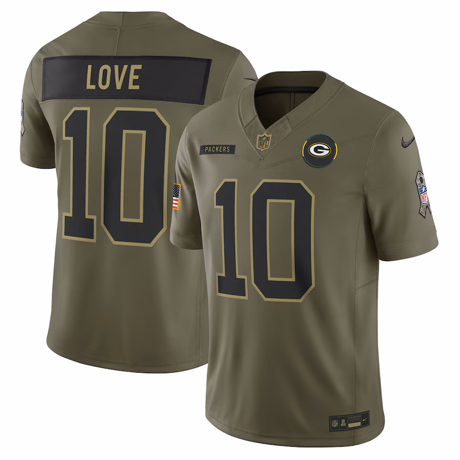 Men's Green Bay Packers Jordan Love Nike Olive 2025 Salute to Service Limited Jersey