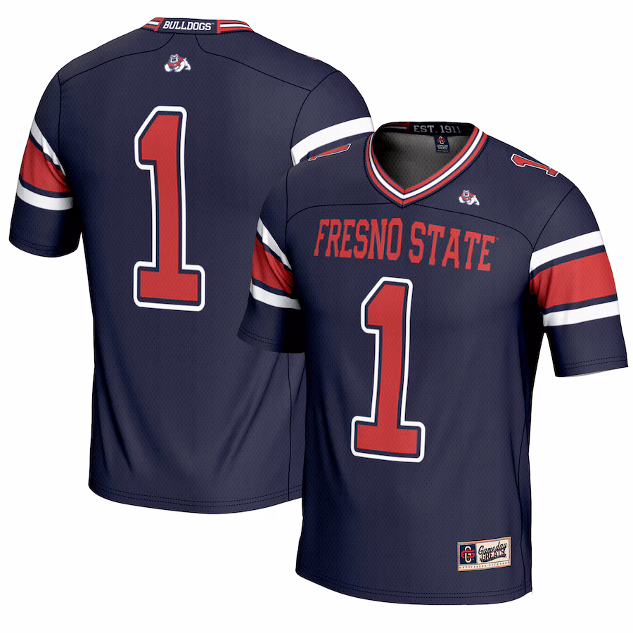 Men's GameDay Greats #1 Navy Fresno State Bulldogs Endzone Football Jersey