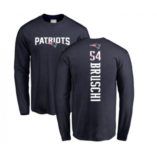 Football New England Patriots #54 Tedy Bruschi Navy Blue Backer Long Sleeve T-Shirt