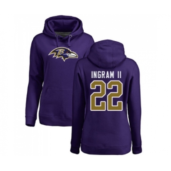 Football Women's Baltimore Ravens #22 Mark Ingram II Purple Name & Number Logo Pullover Hoodie
