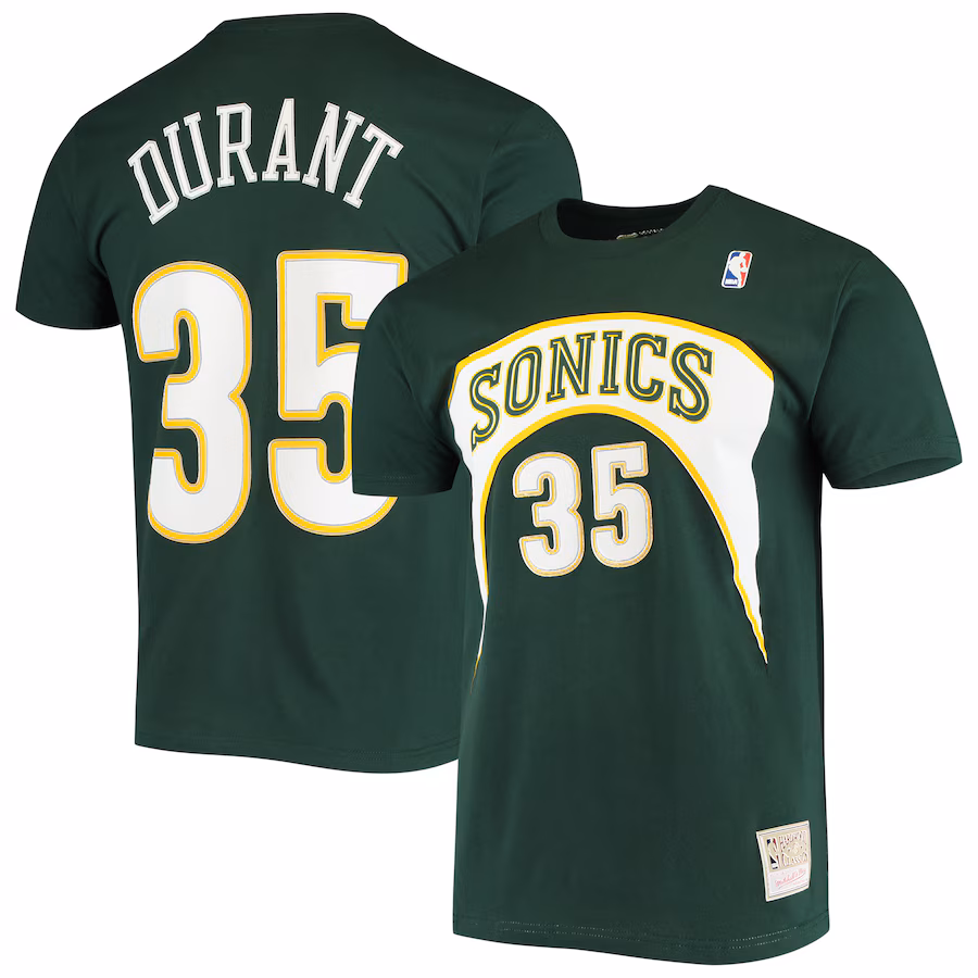 Men's Seattle SuperSonics Kevin Durant Mitchell & Ness Green Hardwood Classics Stitch Name & Number T-Shirt