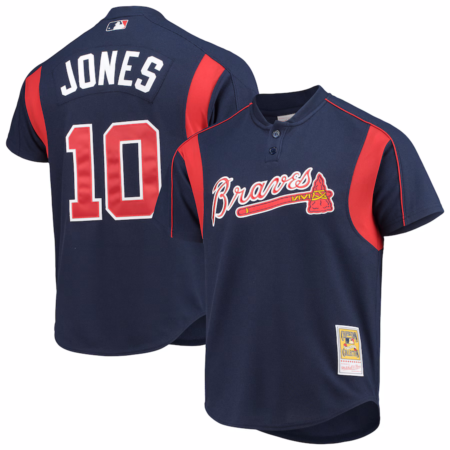 Men's Atlanta Braves Chipper Jones Mitchell & Ness Navy Cooperstown Collection Mesh Batting Practice Button-Up Jersey