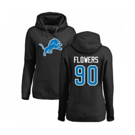 Football Women's Detroit Lions #90 Trey Flowers Black Name & Number Logo Pullover Hoodie