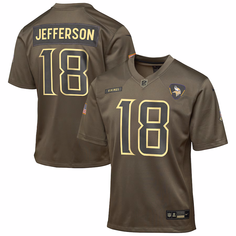 Youth Minnesota Vikings Justin Jefferson Nike Olive 2025 Salute to Service Game Jersey