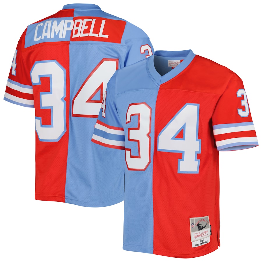 Men's Houston Oilers Earl Campbell Mitchell & Ness Red/Light Blue Gridiron Classics 1980 Split Legacy Replica Jersey